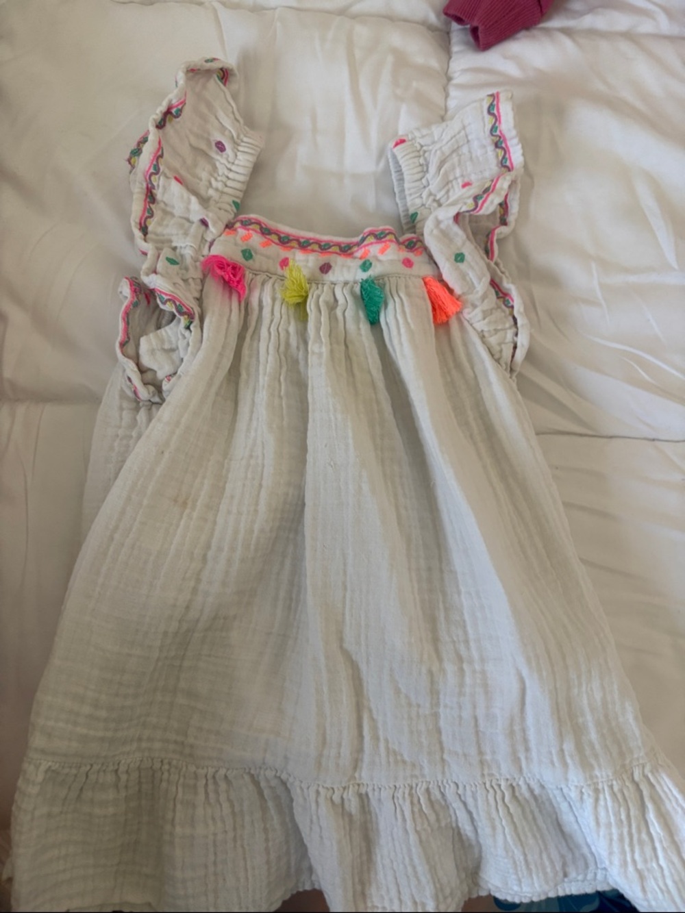 Cat & Jack White Gauze Dress with Neon Tassel Trim